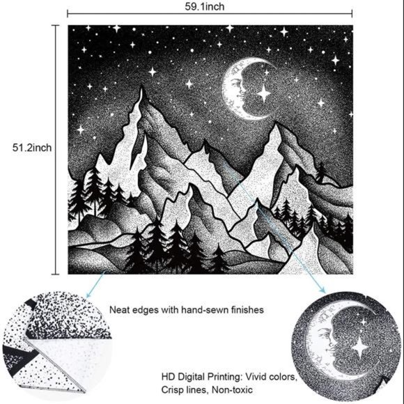 Mountain Moon Tapestry Starry Night Sky Tapestry Black and White - Picture 6 of 7